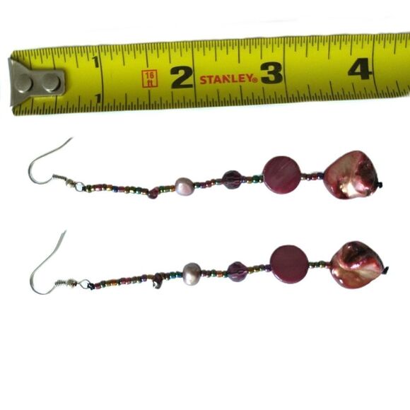 Metallic Shell Graduated Dangle Earrings‎ Glass Beads Handmade Coastal Beach 90s - Picture 2 of 16